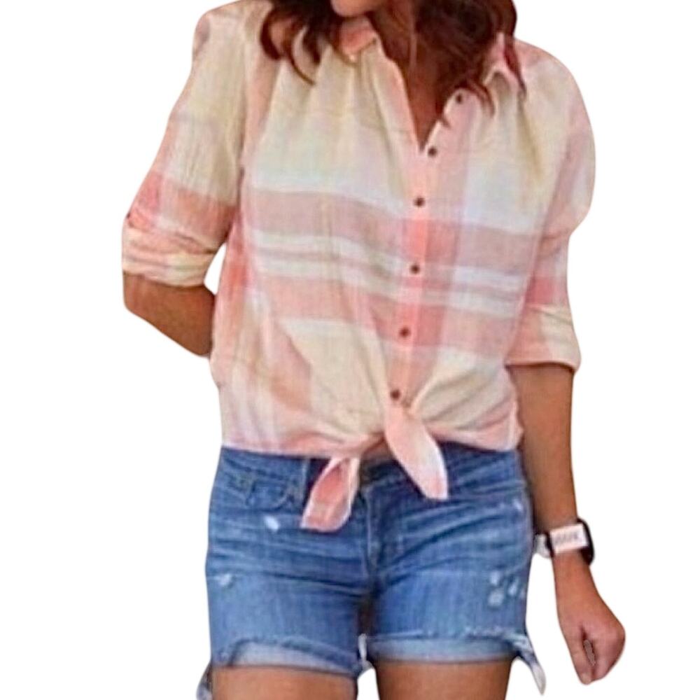 Anthropologie Holding Horses Gailen Shirt 10 Gold Lurex Gauze Plaid Pink Peach